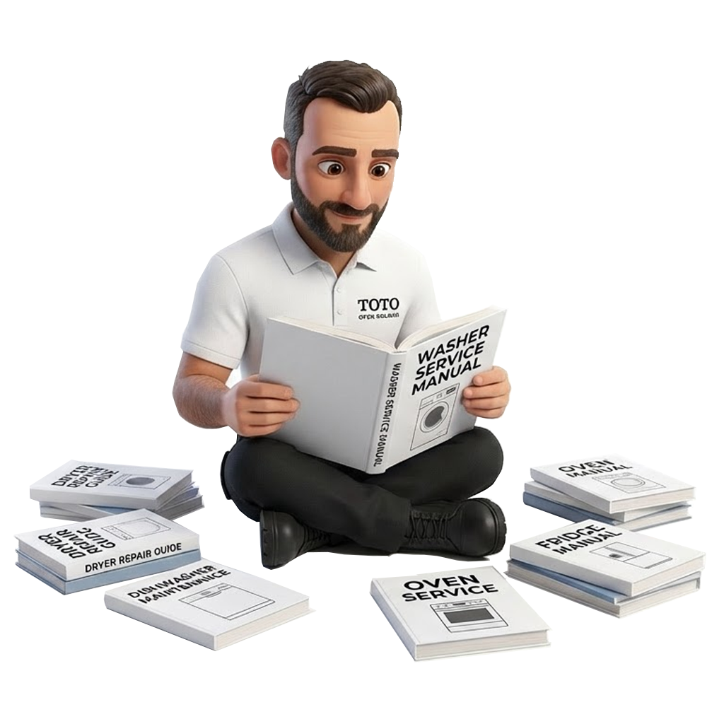 Animated man in a white shirt sits cross-legged, reading a washer service manual, surrounded by various appliance repair guides and service manuals.