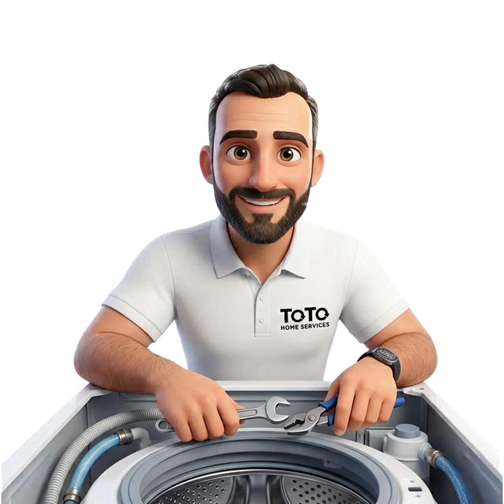 A cartoon repairman with a beard, wearing a white ToTo Home Services shirt, is fixing a washing machine with a wrench and pliers.