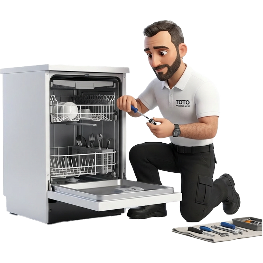 A technician in a white polo and black pants kneels beside an open dishwasher, using a screwdriver; tools are laid out on the floor.