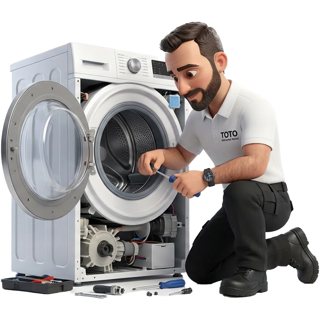 A technician in uniform kneeling beside an open washing machine, using a screwdriver to perform repairs. Tools are spread on the floor next to the appliance.