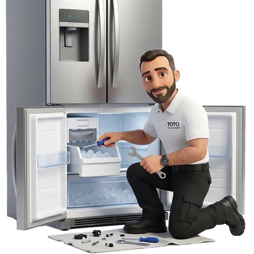 A repair technician kneels in front of an open refrigerator freezer, holding a wrench and checking the ice maker with tools laid out on a white mat.