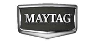 Maytag logo displayed on a metallic, shield-shaped background with white text on a black panel.