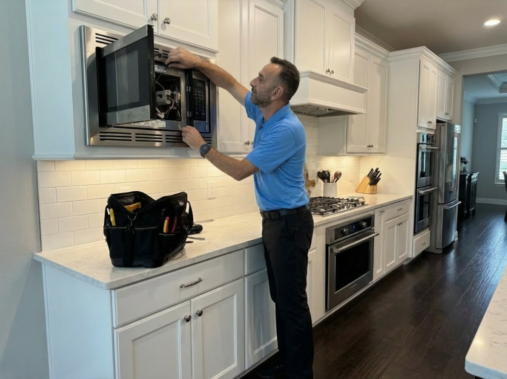 A man in a blue shirt performs microwave repair on a built-in unit in a modern kitchen, with his tool bag on the counter beside him. A man in a blue shirt performs microwave repair on a built-in unit in a modern kitchen, with his tool bag on the counter beside him.