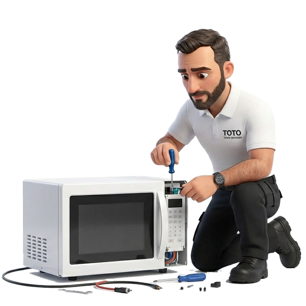 Animated technician wearing a white TOTO shirt kneels while repairing a microwave with tools and small parts spread on the floor.