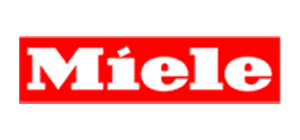 The image shows the Miele logo with the brand name in bold white letters on a red rectangular background.
