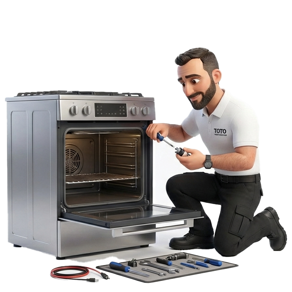 A technician kneels next to an open oven, holding a tool, with a tool kit and oven parts laid out on the floor, expertly handling a range repair.