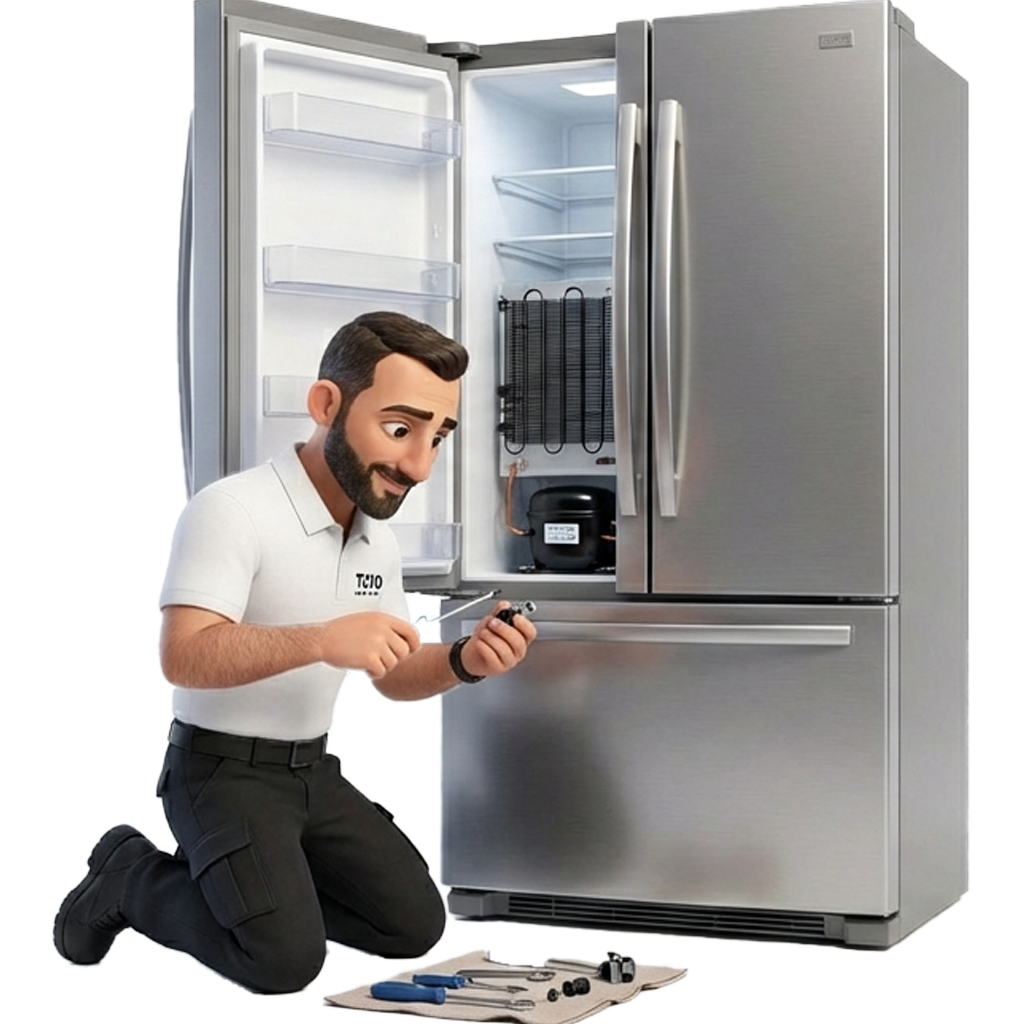 A technician kneels in front of an open refrigerator, holding a tool and inspecting a part, with various tools laid out on the floor.
