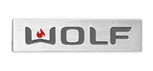A metallic logo with the word WOLF in gray capital letters, featuring a red flame symbol in place of the letter O.