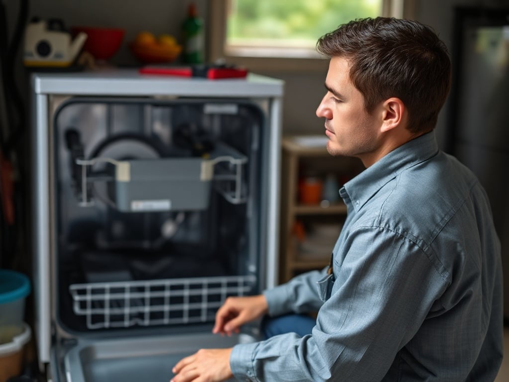Why Your Dishwasher Smells Like a Wet Dog (And How to Fix It for Good) Open residential dishwasher interior showing the mesh filter at the bottom of the tub — a primary source of why does my dishwasher smell like wet dog in home kitchens