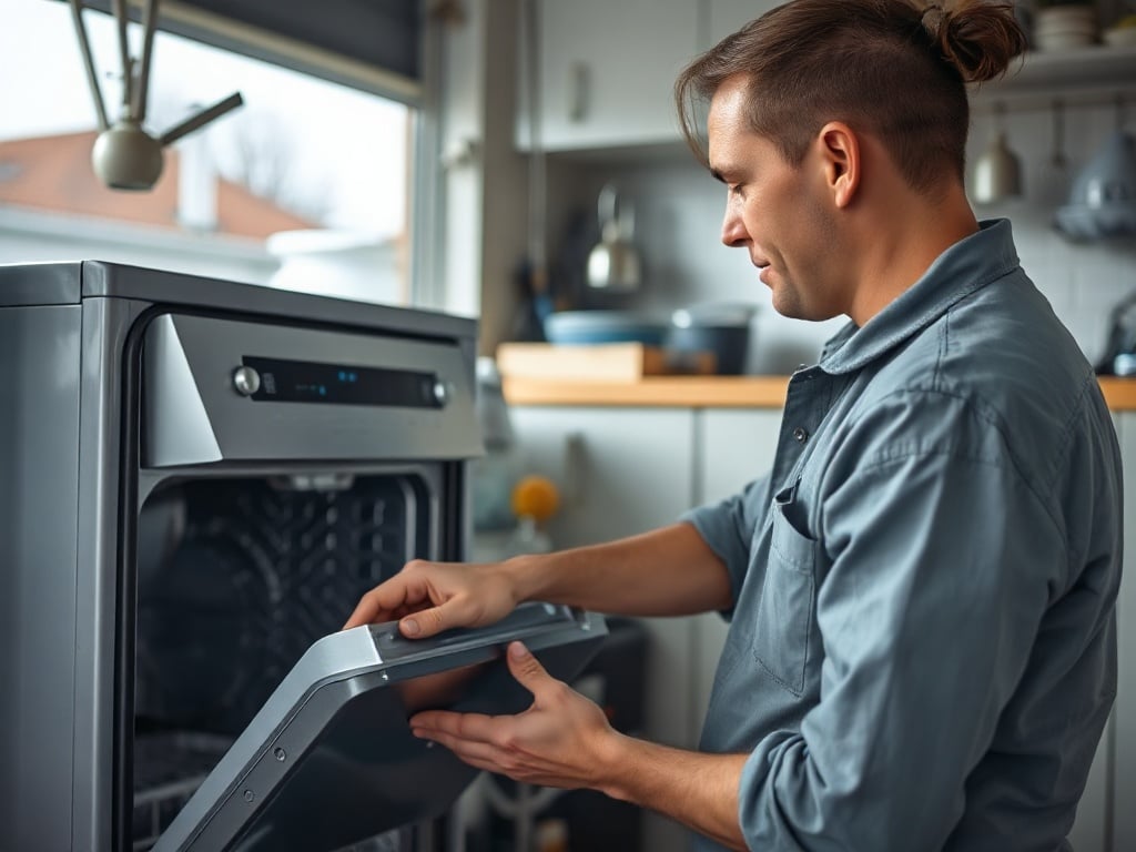 Why Your Dishwasher Smells Like a Wet Dog (And How to Fix It for Good) Open residential dishwasher interior showing the mesh filter at the bottom of the tub — a primary source of why does my dishwasher smell like wet dog in home kitchens