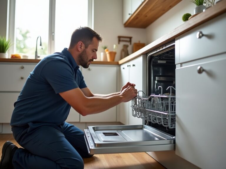 An appliance repair technician inspecting a removed LG dishwasher spray arm to diagnose an LG dishwasher not cleaning problem in a Phoenix area home.