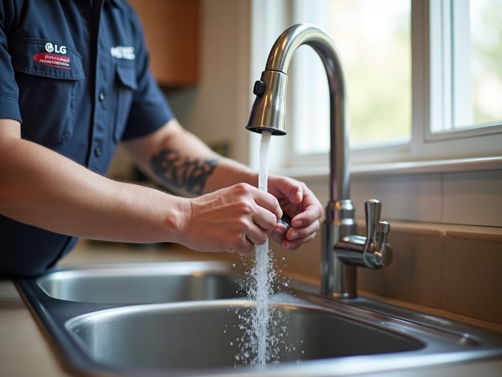 An appliance repair technician inspecting a removed LG dishwasher spray arm to diagnose an LG dishwasher not cleaning problem in a Phoenix area home.