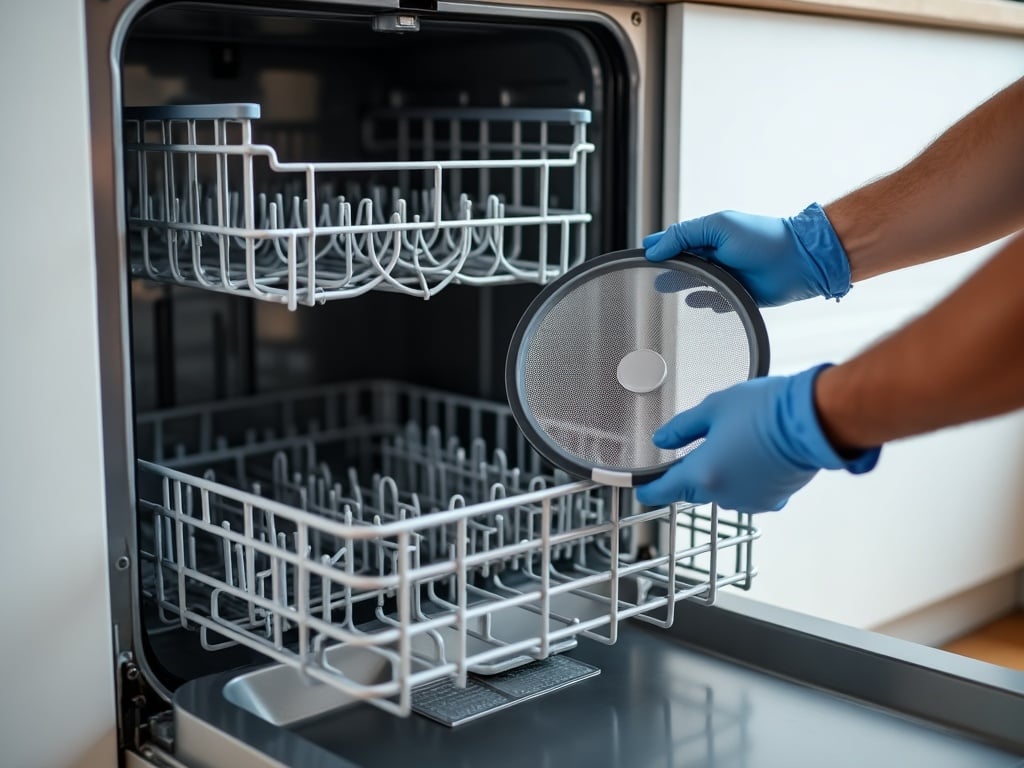An appliance repair technician inspecting a removed LG dishwasher spray arm to diagnose an LG dishwasher not cleaning problem in a Phoenix area home.