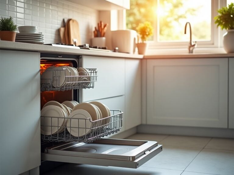 Open residential dishwasher showing the heating element at the bottom of the tub — a key component when diagnosing dishwasher water not hot enough issues