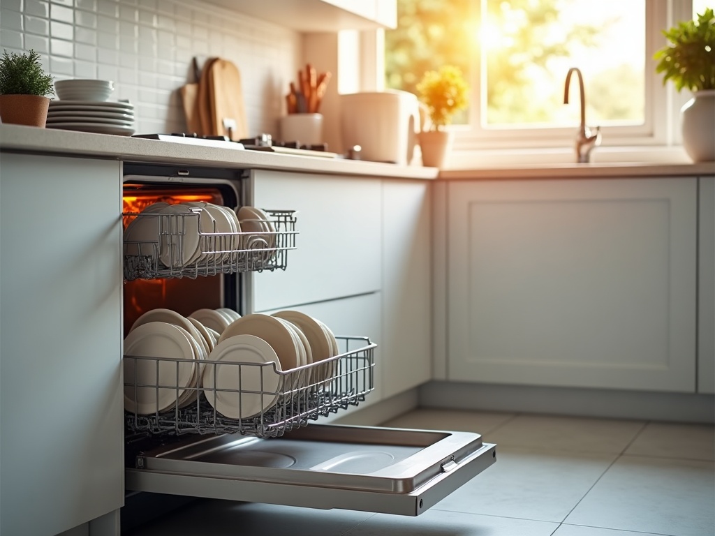 Open residential dishwasher showing the heating element at the bottom of the tub — a key component when diagnosing dishwasher water not hot enough issues