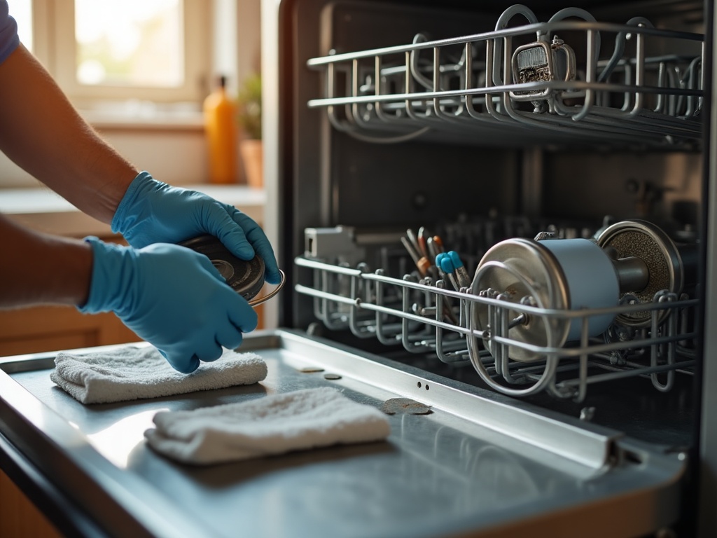 Open residential dishwasher showing the heating element at the bottom of the tub — a key component when diagnosing dishwasher water not hot enough issues