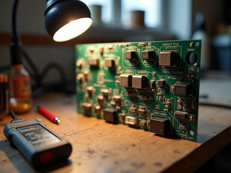 A dishwasher control board being inspected during a can dishwasher control board be repaired diagnostic check on a workshop bench