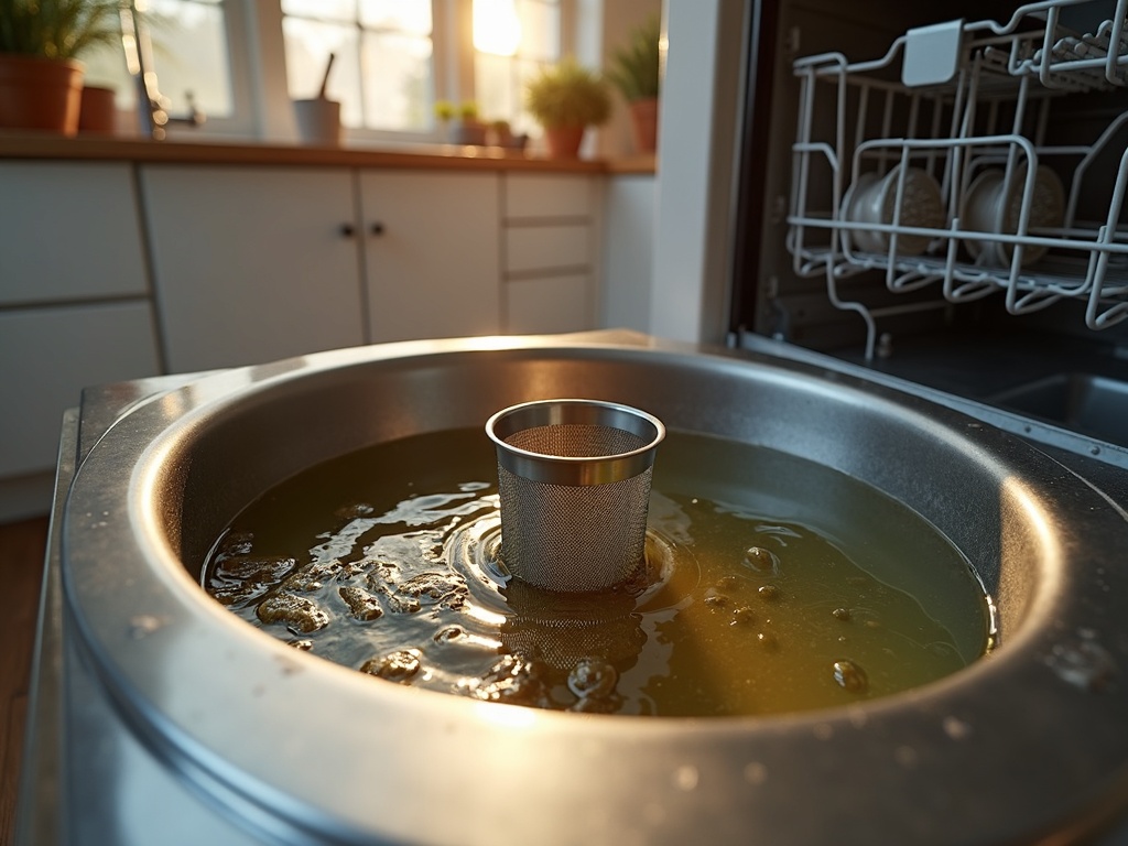 Standing Water in Your Dishwasher After the Cycle — What It Means and What to Do Murky dishwasher standing water after cycle visible at the bottom of an open dishwasher tub with debris collected near the drain filter in a modern kitchen