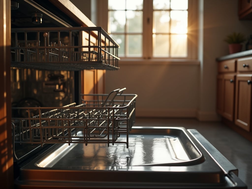 Standing Water in Your Dishwasher After the Cycle — What It Means and What to Do Murky dishwasher standing water after cycle visible at the bottom of an open dishwasher tub with debris collected near the drain filter in a modern kitchen