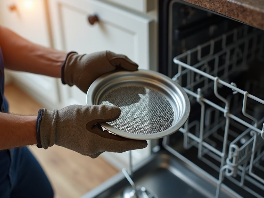 Standing Water in Your Dishwasher After the Cycle — What It Means and What to Do Murky dishwasher standing water after cycle visible at the bottom of an open dishwasher tub with debris collected near the drain filter in a modern kitchen