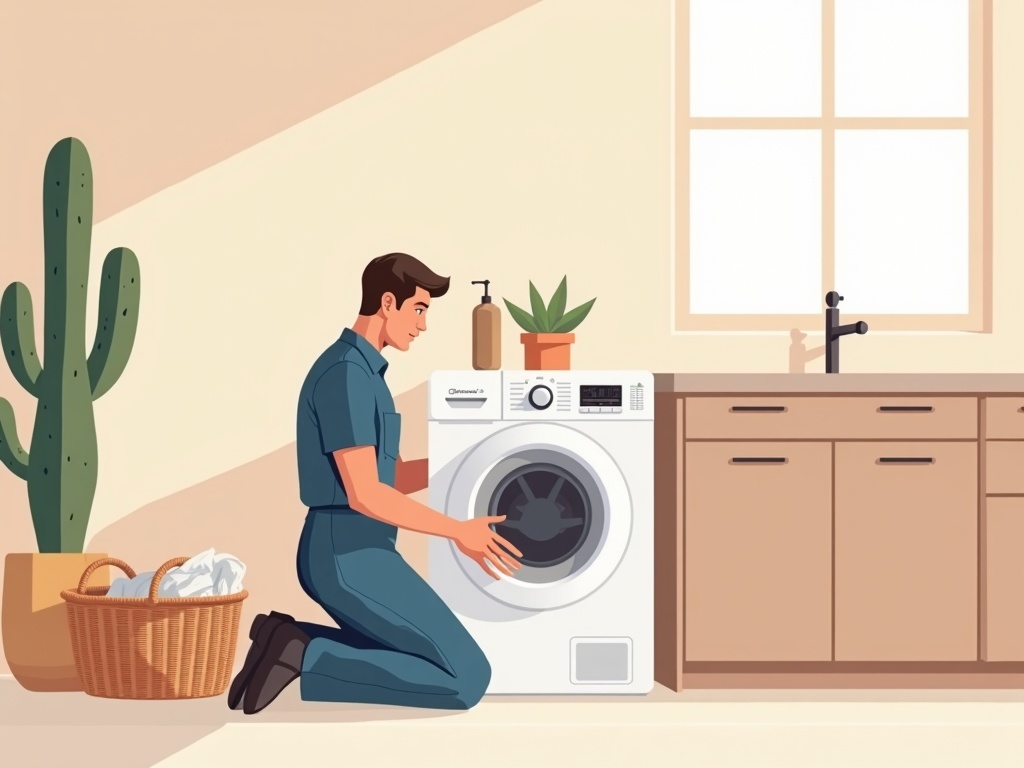 Buckeye, AZ A technician performing appliance repair in a modern Verrado neighborhood home laundry room in Buckeye AZ
