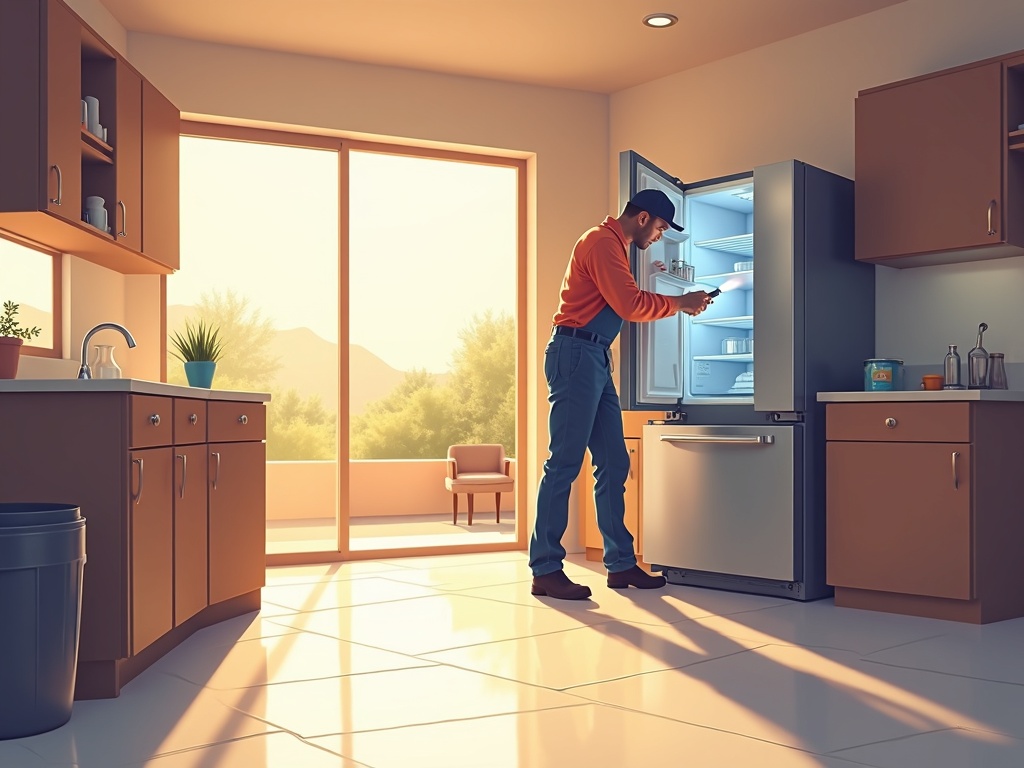 Buckeye, AZ Professional appliance repair technician servicing a refrigerator in a Sundance community kitchen in Buckeye AZ