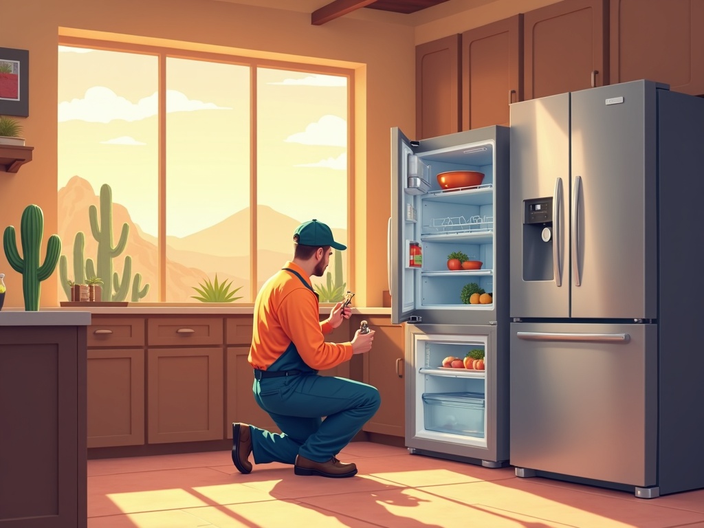 Appliance repair Cave Creek AZ technician inspecting a refrigerator in a high-end desert home kitchen near Spur Cross Ranch