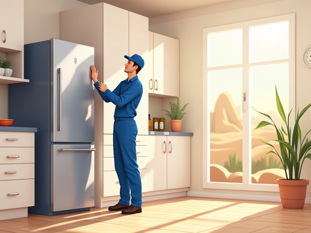 Chandler Heights, AZ A technician performing appliance repair in Chandler Heights AZ on a stainless steel refrigerator inside a spacious custom-built home