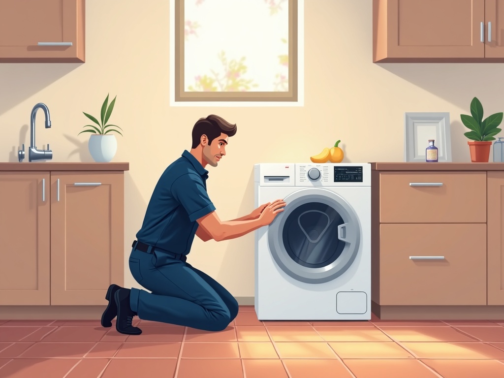 Chandler, AZ A local technician performing appliance repair in Chandler AZ on a front-load washing machine inside a residential laundry room