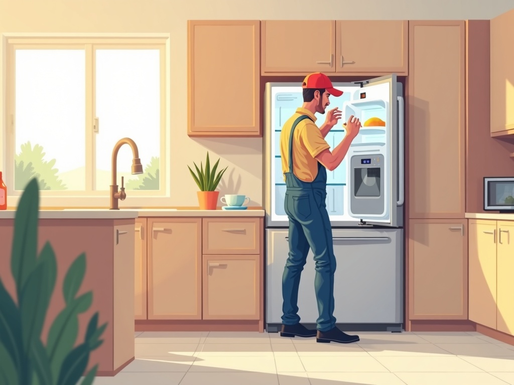 Litchfield Park, AZ Appliance repair in Litchfield Park AZ being performed on a residential refrigerator ice maker in a modern open-plan kitchen