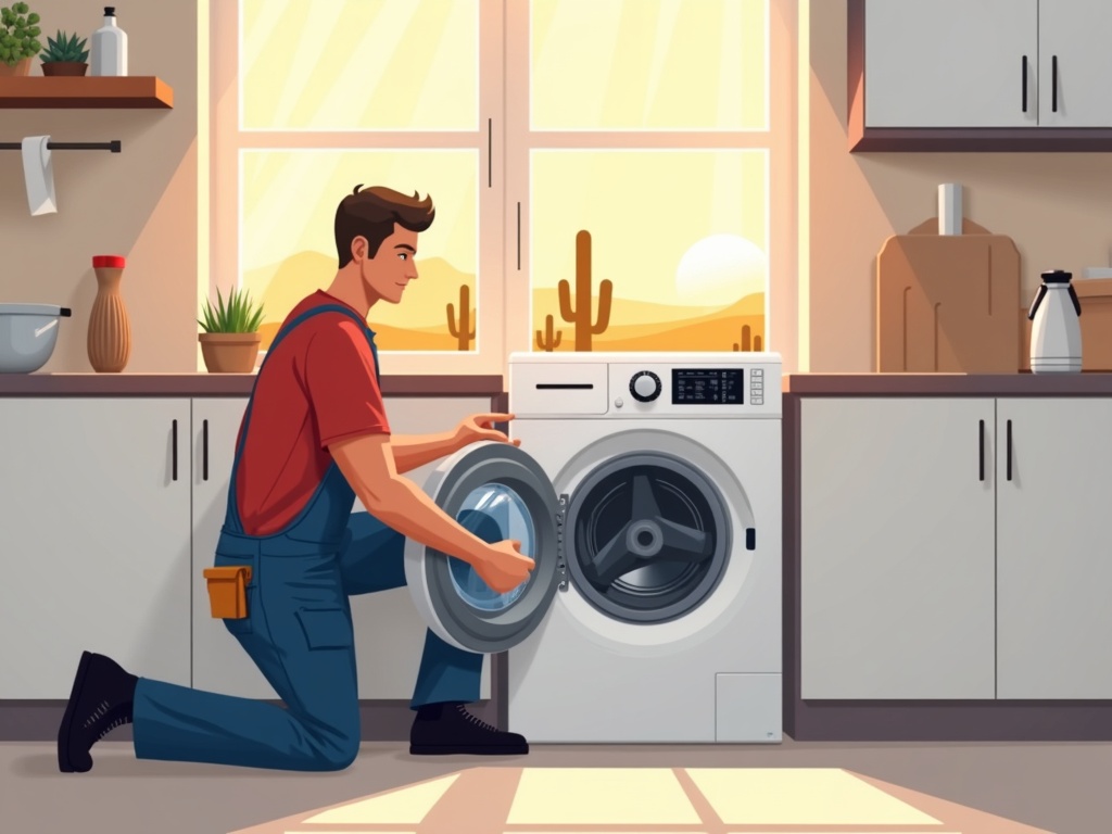 Morristown, AZ Technician completing appliance repair in Morristown AZ by examining a washing machine seal in a rural Arizona home laundry room