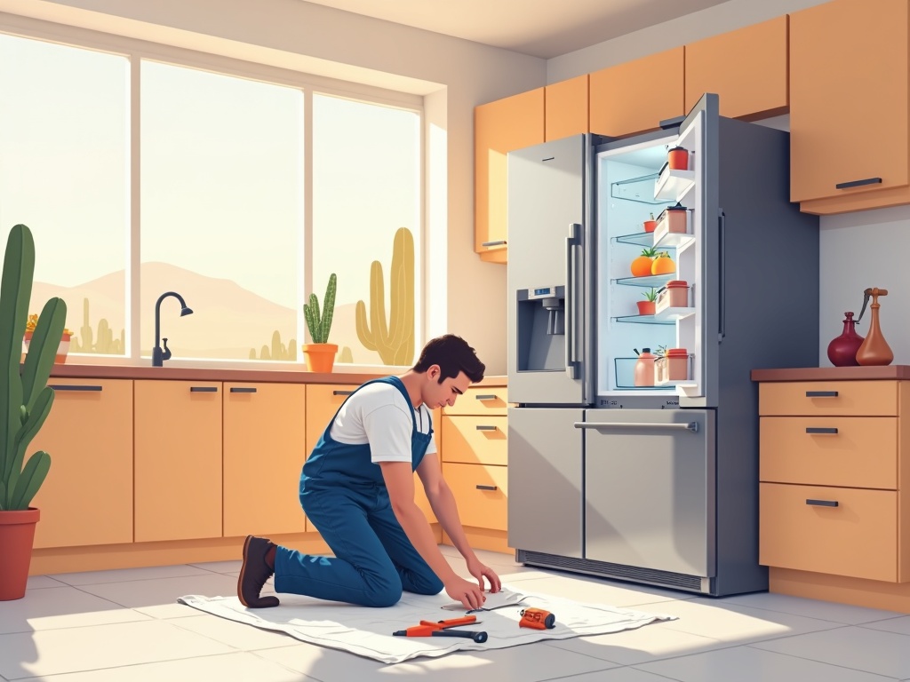 New River, AZ A certified technician performing appliance repair in New River AZ inside a large custom home kitchen in the Desert Hills area near Gavilan Peak