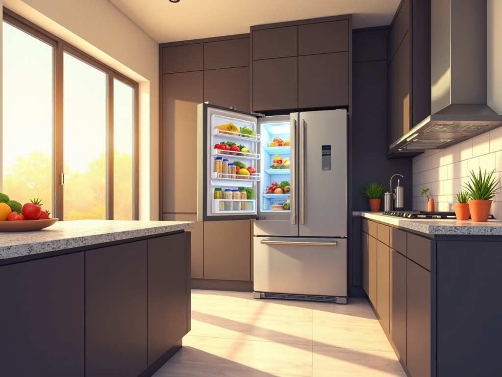 Appliance repair Queen Creek AZ service being performed on a built-in stainless refrigerator in a Harvest community home kitchen near the Queen Creek Wash Trail