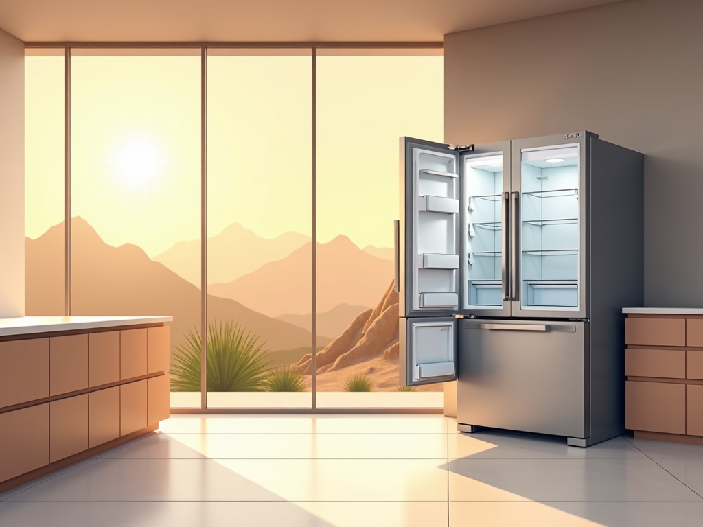 Rio Verde, AZ A technician performing appliance repair in Rio Verde AZ on a built-in French door refrigerator inside a custom desert-modern home near Tonto Verde