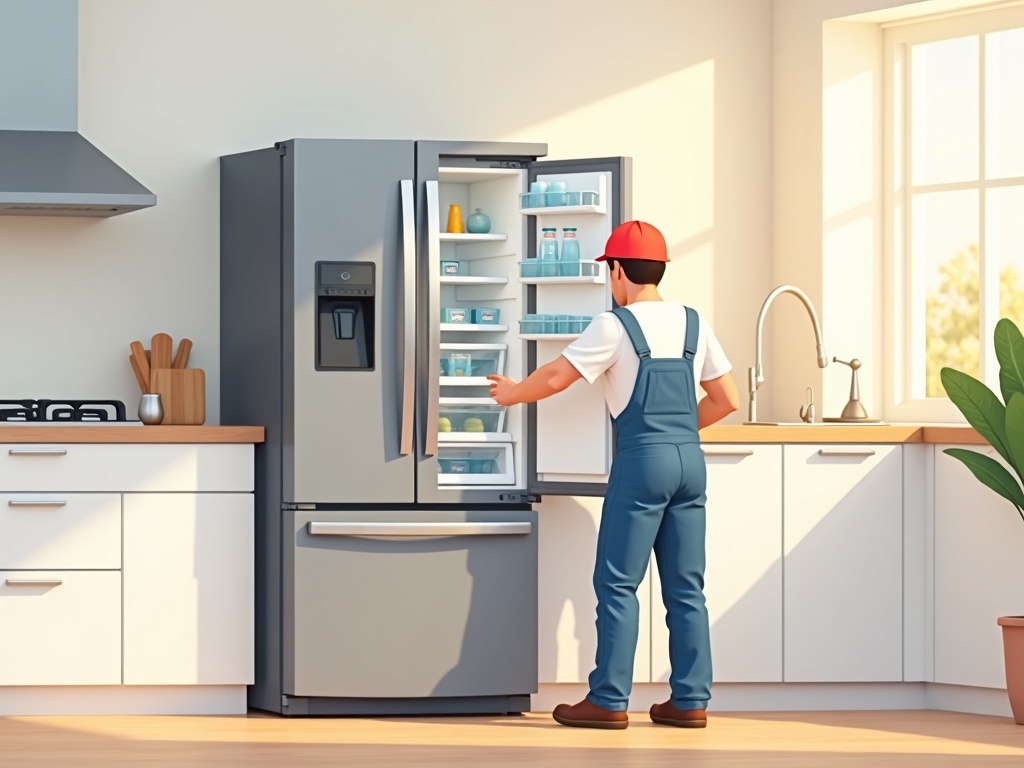 Tolleson, AZ Technician inspecting a refrigerator ice maker during appliance repair in Tolleson AZ in a well-kept family kitchen