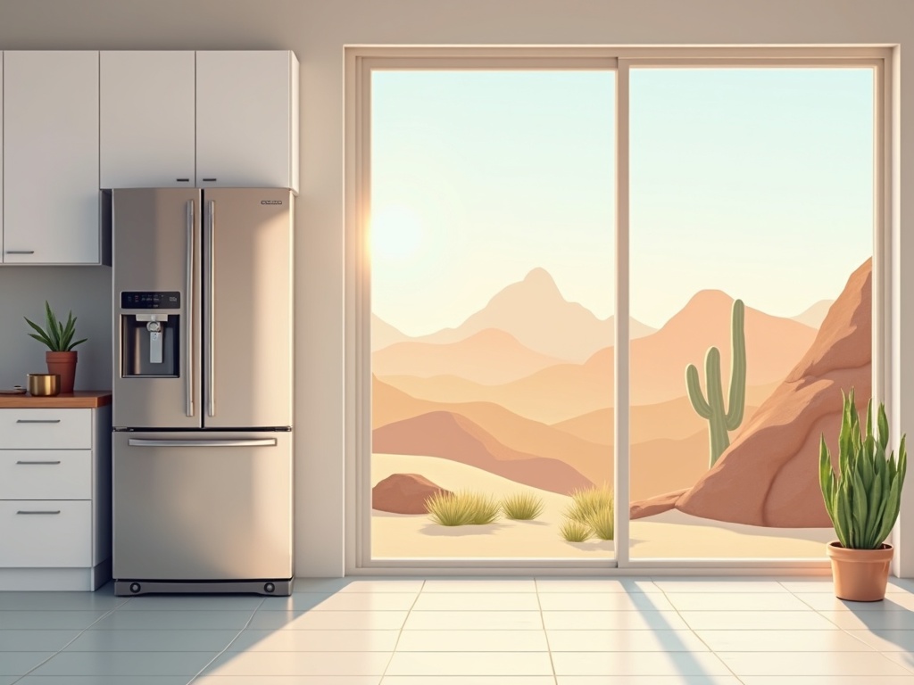 Waddell, AZ A technician performing appliance repair Waddell AZ on a stainless steel refrigerator in a modern Festival Ranch home kitchen