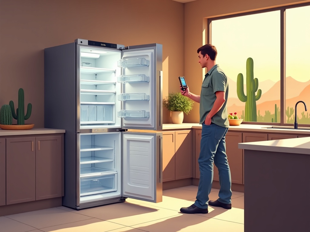 A technician performing appliance repair in Carefree AZ on a built-in stainless refrigerator inside a luxury custom home kitchen in the Black Mountain Foothills neighborhood