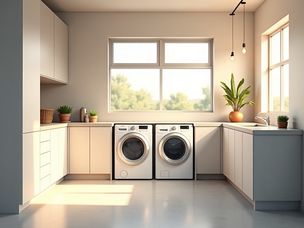 A technician inspecting a front-load washer for appliance repair in Higley AZ inside a bright modern laundry room in the Cooley Station neighborhood