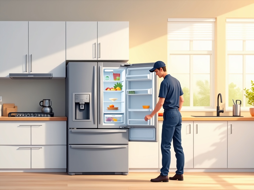 Laveen, AZ A technician performing appliance repair in Laveen AZ on a stainless steel refrigerator inside a bright modern kitchen in Trailside Point
