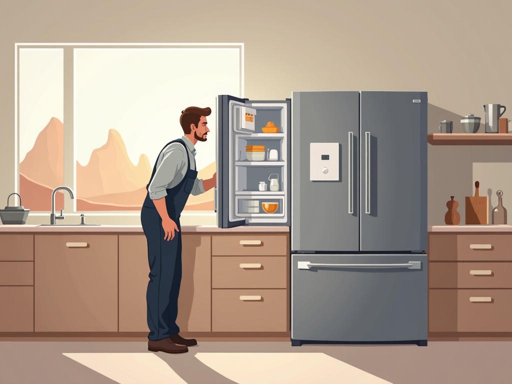 A technician performing appliance repair Paradise Valley AZ on a built-in refrigerator in a luxury estate kitchen near Camelback Mountain