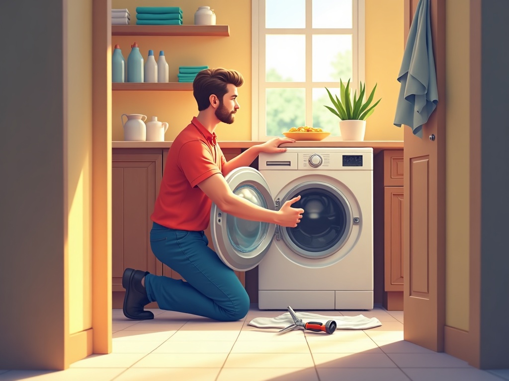Professional appliance repair in Phoenix AZ being performed on a front-load washer in a Biltmore area home laundry room
