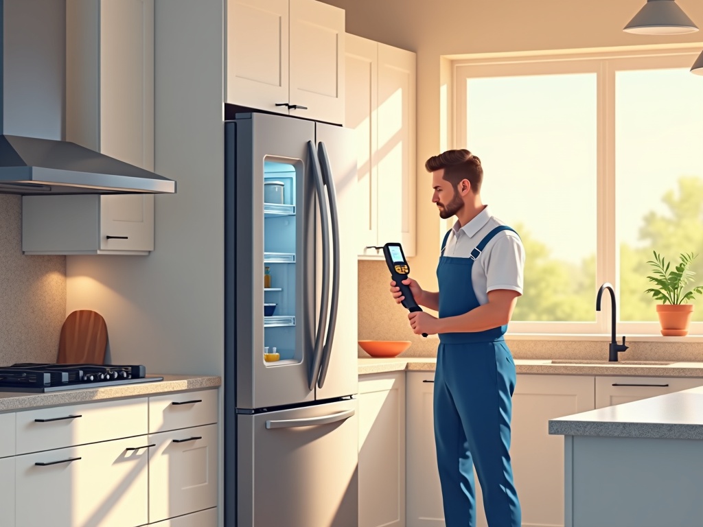 Technician diagnosing a refrigerator during an appliance repair Surprise AZ service call in a newer home near Sterling Grove Golf and Country Club