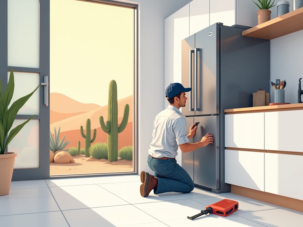 Tempe, AZ A technician performing appliance repair Tempe AZ on a stainless refrigerator in a South Tempe home kitchen near the Corona del Sol area
