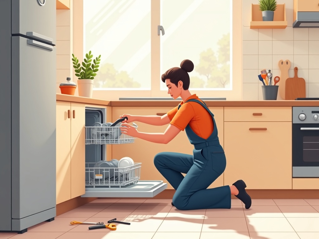 Dishwasher Repair A professional technician performing a dishwasher repair service in a clean, modern Phoenix-area kitchen with the dishwasher door open and tools nearby