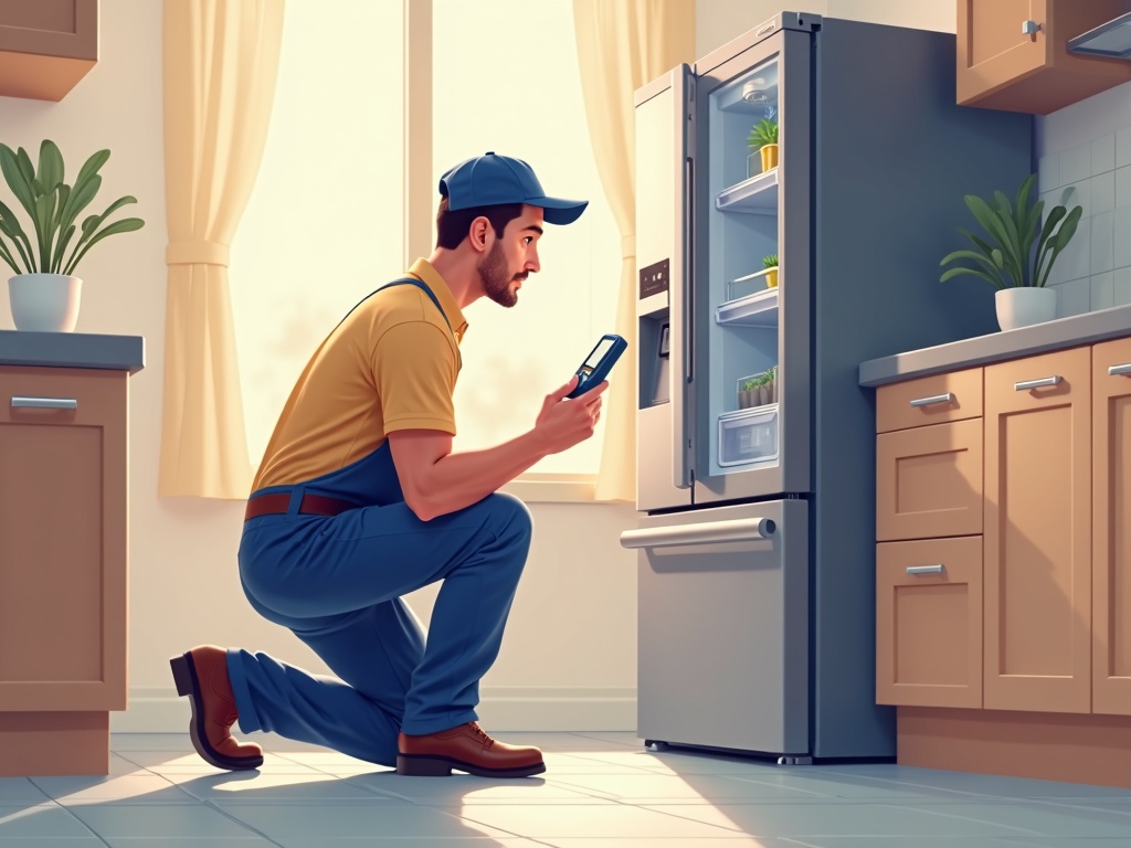Refrigerator Repair A professional technician performing a refrigerator repair service on a stainless steel refrigerator in a bright modern kitchen in Phoenix Arizona