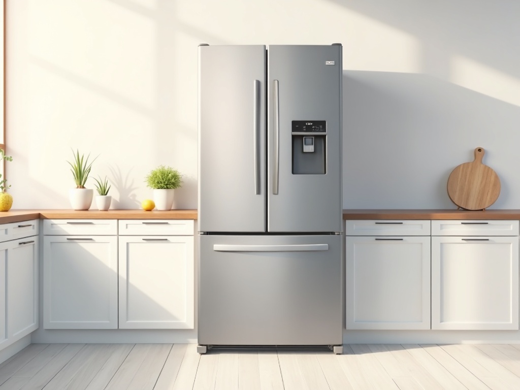 Ice Maker Repair A stainless steel refrigerator with an open freezer compartment showing the internal ice maker repair area in a bright suburban kitchen