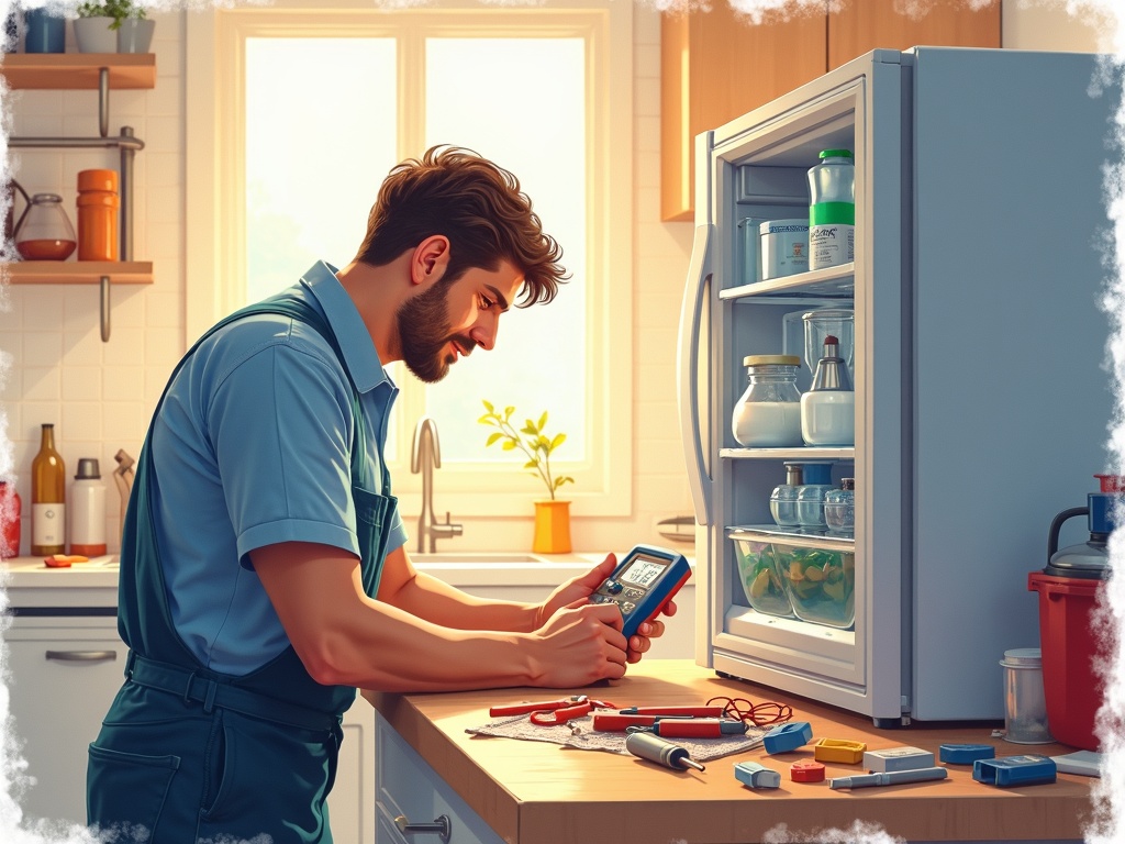Ice Maker Repair A technician testing electrical components during an ice maker repair service on a residential refrigerator water inlet valve