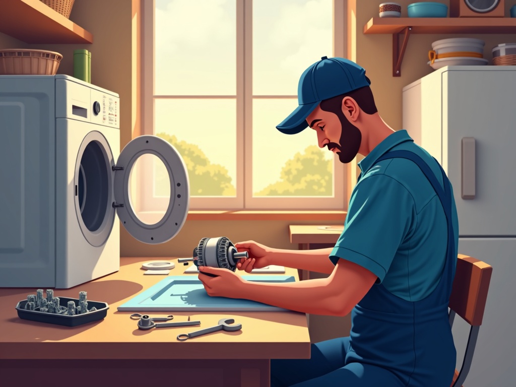 Dryer Repair A technician's hands examining a faulty heating element removed during a dryer repair appointment in a residential laundry room
