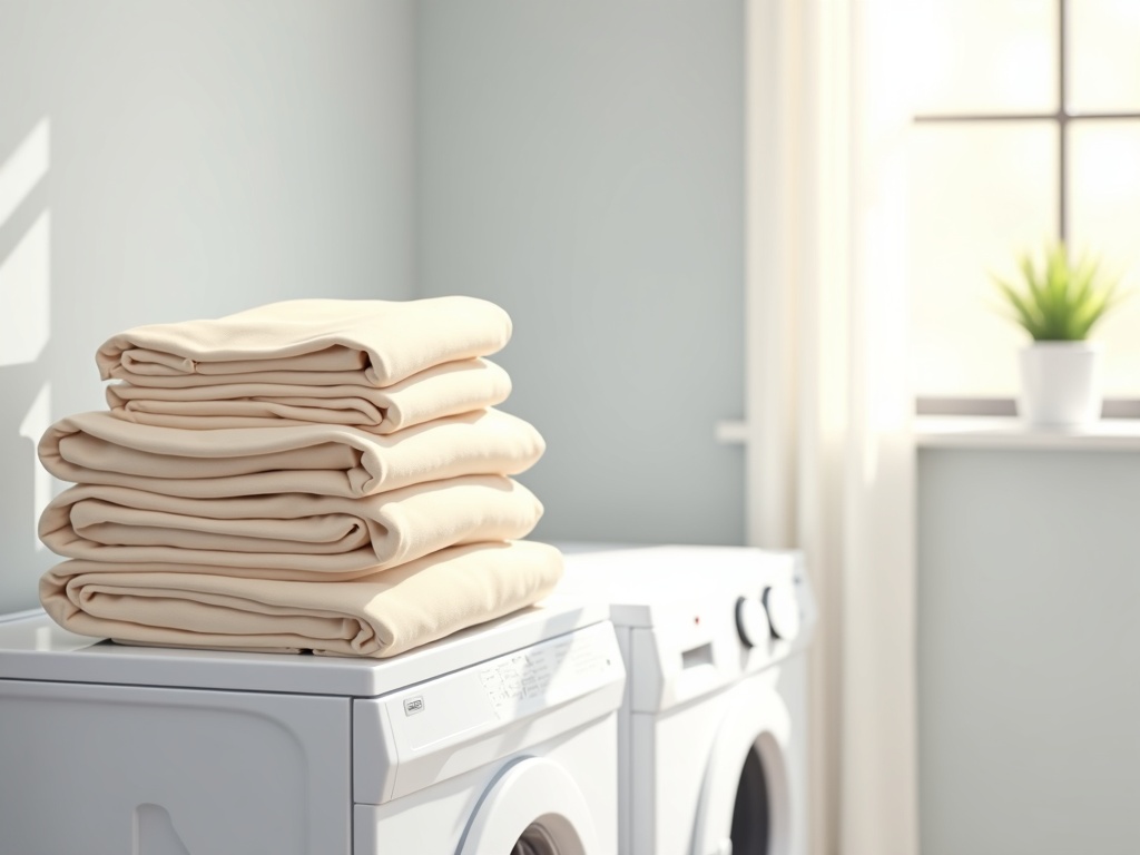 Dryer Repair Freshly dried and folded laundry stacked on a clean white dryer after a successful dryer repair service call in a modern home