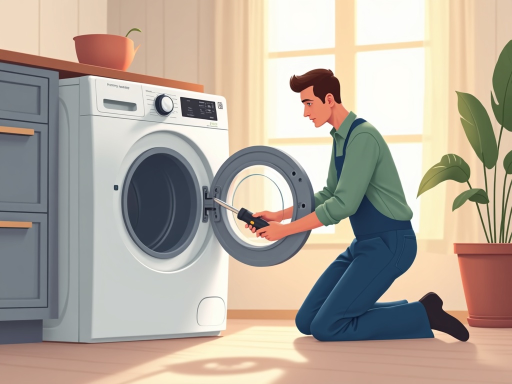 Washing Machine Repair A professional technician performing a washing machine repair service on a front-load washer in a clean residential laundry room in Phoenix, AZ.